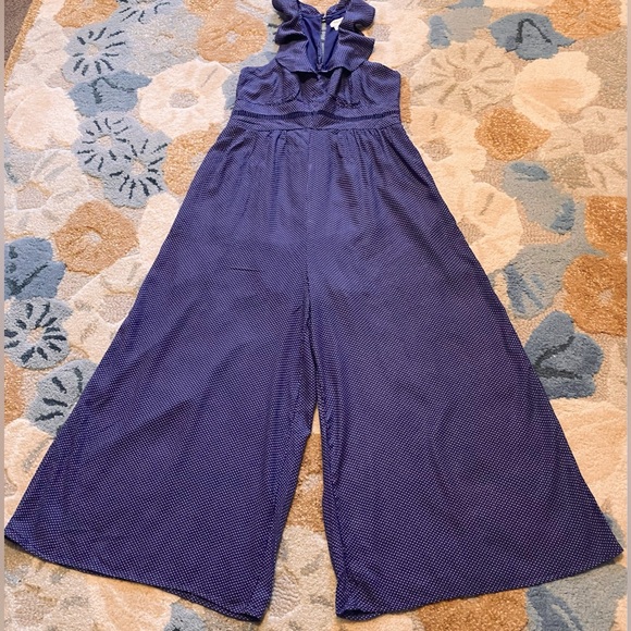 Anthropologie | Maeve Syros Ruffled Blue Pin Dot Flowing Wide Leg Jumpsuit - Picture 3 of 10
